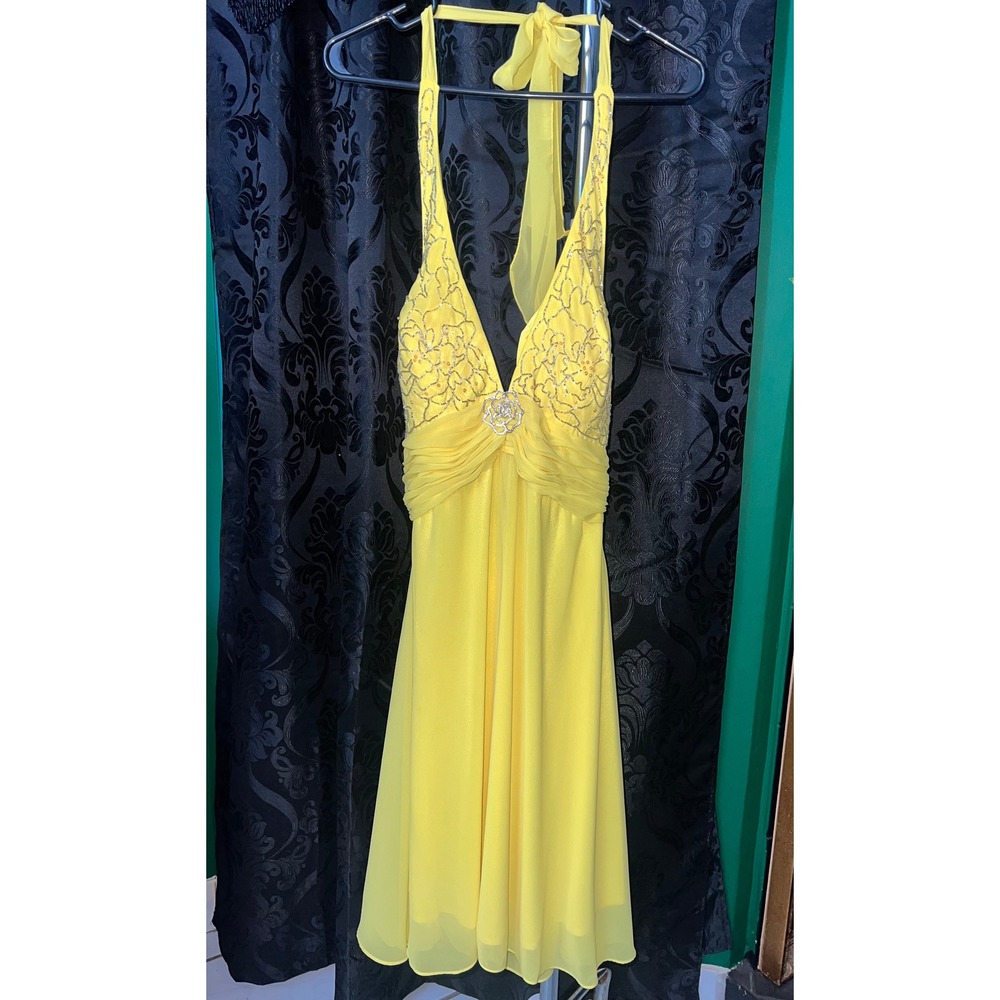 Nanette Y2K Yellow Beaded Halter Party Dress Prom Fairycore Size L